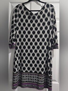 White House Black Market Black & White Geometric Midi Dress with Purple Trim